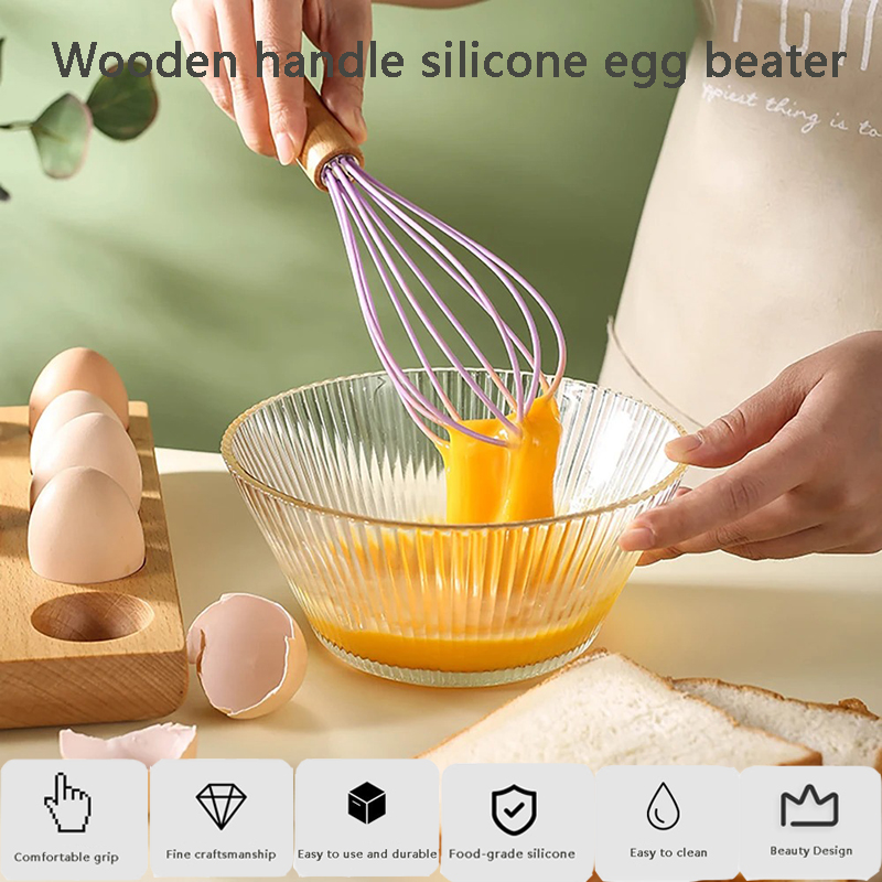 1PC Wooden Handle Silicone Egg Beater 10inch Kitchen Hand Egg Beater Comfortable And Effortless StirringTools Baking Accessories