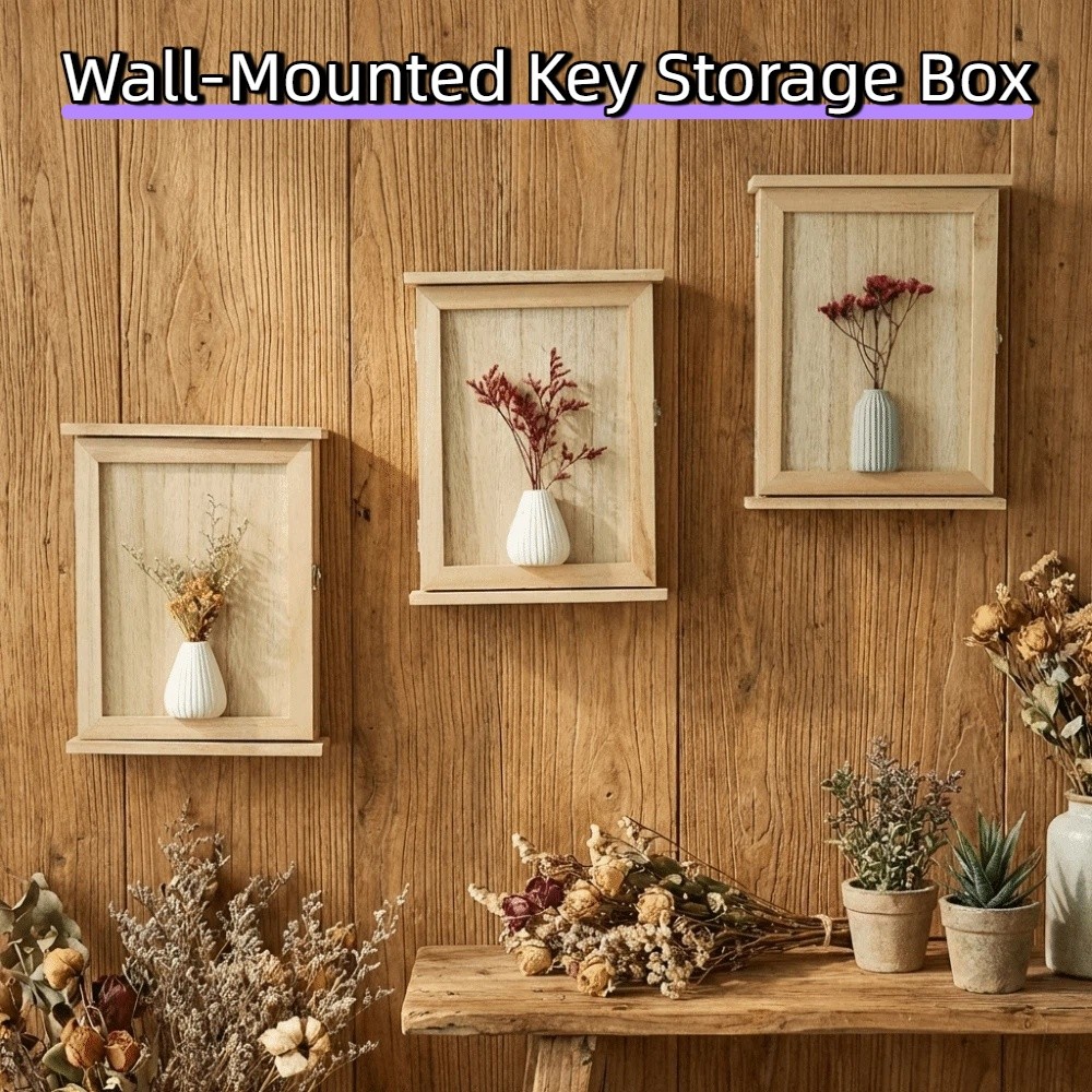 Creative Wooden Wall-Mounted Key Storage Box Square Rustic Cabinet Key Rack Decorative Vintage Key Hook Office