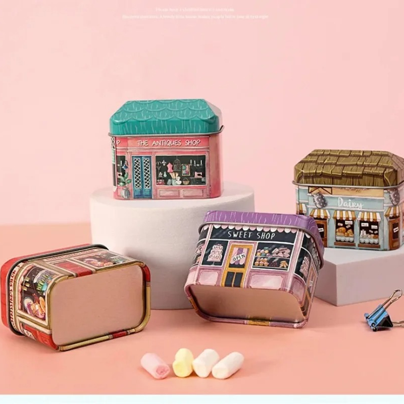 Mini Shop Design Collectables Tin Box Little House Seal Storage Box Candy Chocolate Container Small Packing for Kids Girl