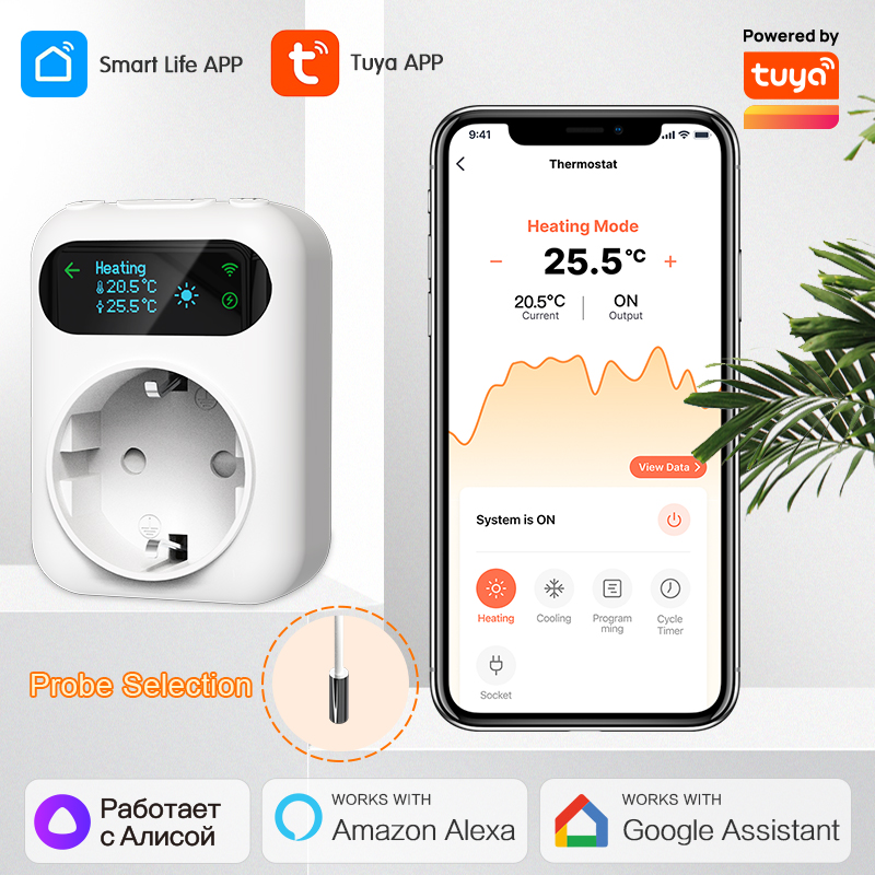 Tuya Socket Thermostat WiFi Cooling Heating Smart Temperature Controller 16A Outlet Plug Time Switch With External Sensor