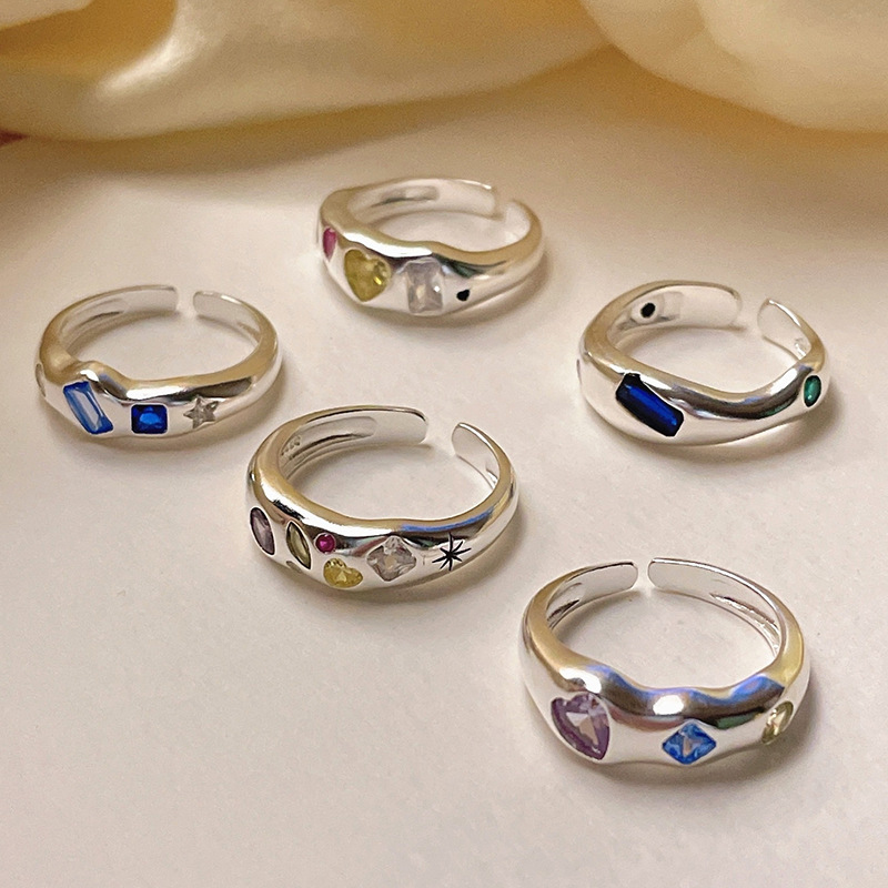 Luxury Colorful Zircon Heart-Shaped Adjustable Ring for Women Retro Index Finger Elegent Crystal Ring Party Jewelry