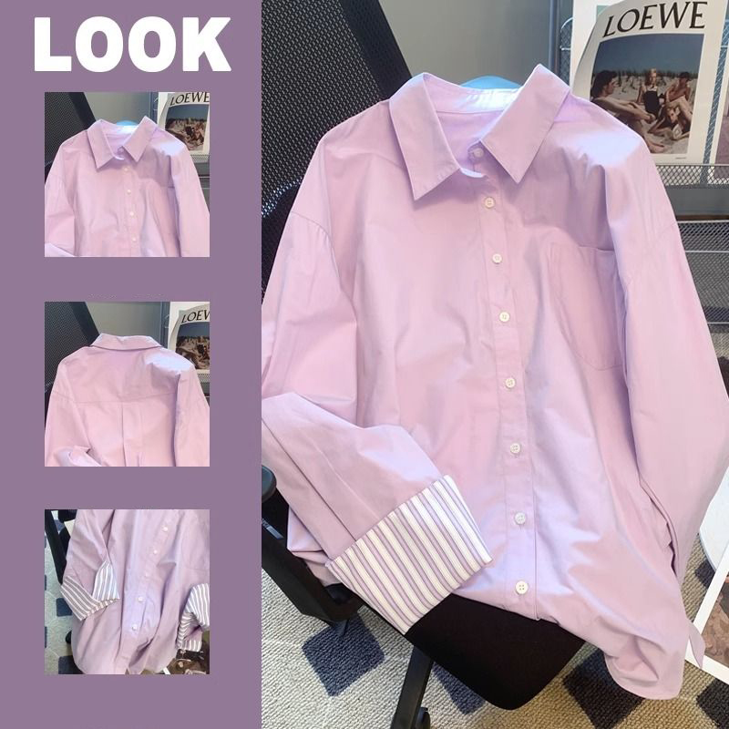Purple Solid Patchwork Stripe Long Sleeved Loose Shirt And Blouse New In Clothes Top Casual Single Breasted Simple Office Lady