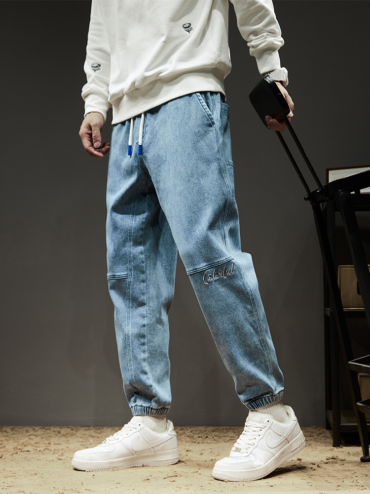 Spring Summer Men's Cargo Jeans Slight Stretch Cotton Denim Jogger Pants Black Blue Streetwear Baggy Jeans