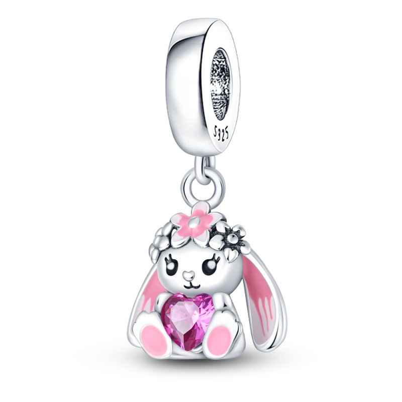 S925 Silver Plated Cute Pink Rabbit Pendants Charms Fit Original Bracelets Fine DIY Birthday Jewelry s