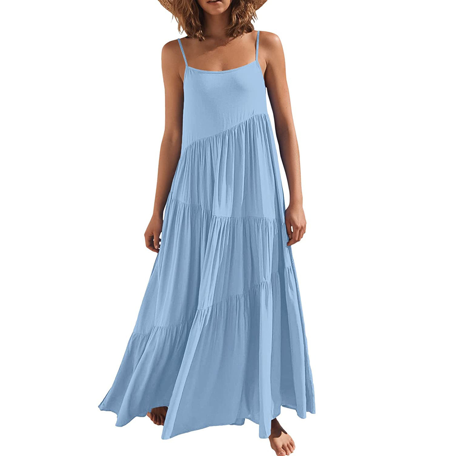 2026 NEW Women's Strapless Dress Loose-Fitting Sleeveless Solid-Colour Long Dress Summer Pleated Casual Resort Dress