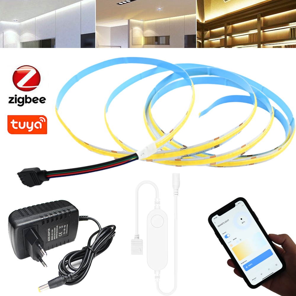 Tuya Zigbee CCT COB LED Strip 12V 1m 2m 3m 5m 10m FOB Flexible Dimmable Tape 2700K to 6500K Lighting for Alexa Assistant