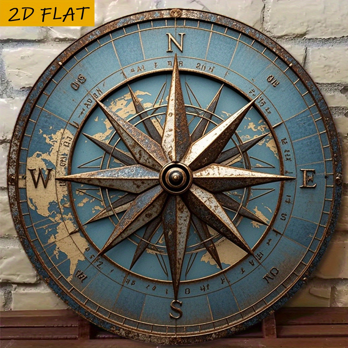 2D flat 1pc retro compass wall art - Antique equipment round wooden sign, simple nautical decoration, suitable for home, bar