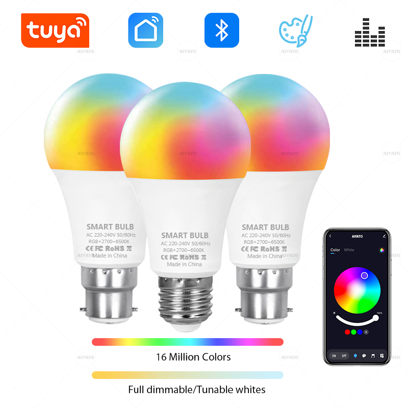 220V E27 Tuya Bluetooth Smart Bulb 9W 15W 18W Color Changeable LED RGB Lamp Dimmable Smart Life APP Control Timer Function