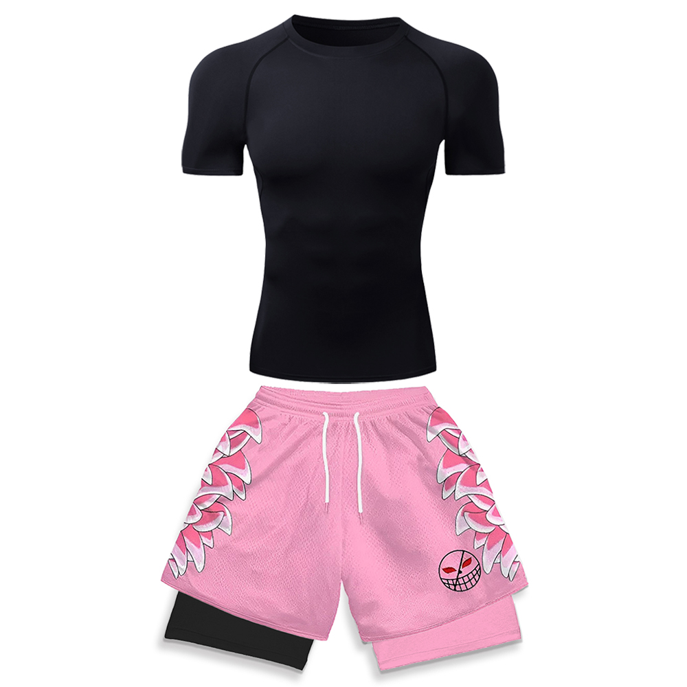 High Elasticity Workout Gear for Men White Compression T-shirt & Pink 3D Graphic Print Running Shorts Anime Gym Jogging Clothes