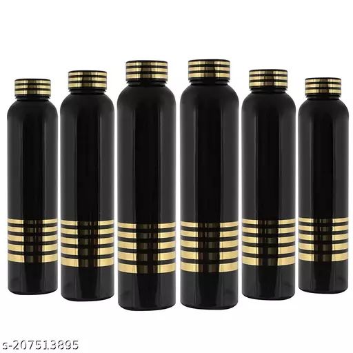 Black With Golden line Water Bottle Pack of 1 Volume 1000ml (1ltr) Wide Mouth Bottle Made of Plastic