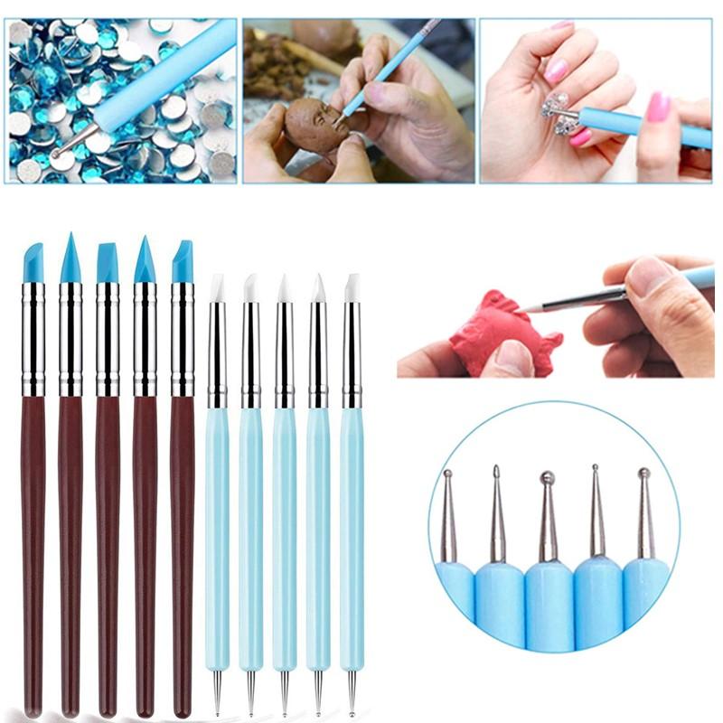 New 1/10/15 Pcs/Set Dual Ended Rhinestone Nail Art Silicone Pen Sculpture Pen/3D Flower Carving/Dotting Nail Tool Manicure Brush pen gpt