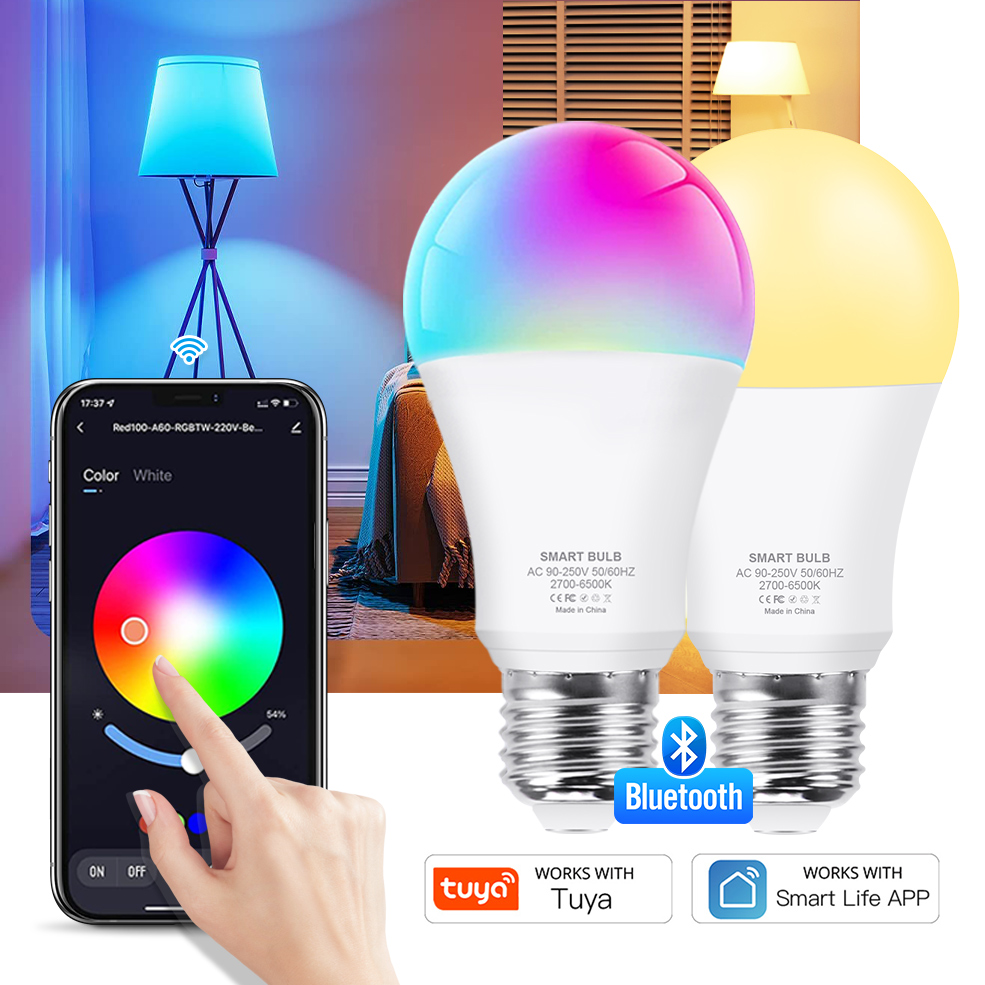 Bluetooth 4.0 Smart LED Bulb Tuya Light Bulbs AC85-265V Dimmable Spotlight Bulb 15W E27 RGB+CW+WW LED Color Change Lamp for Home