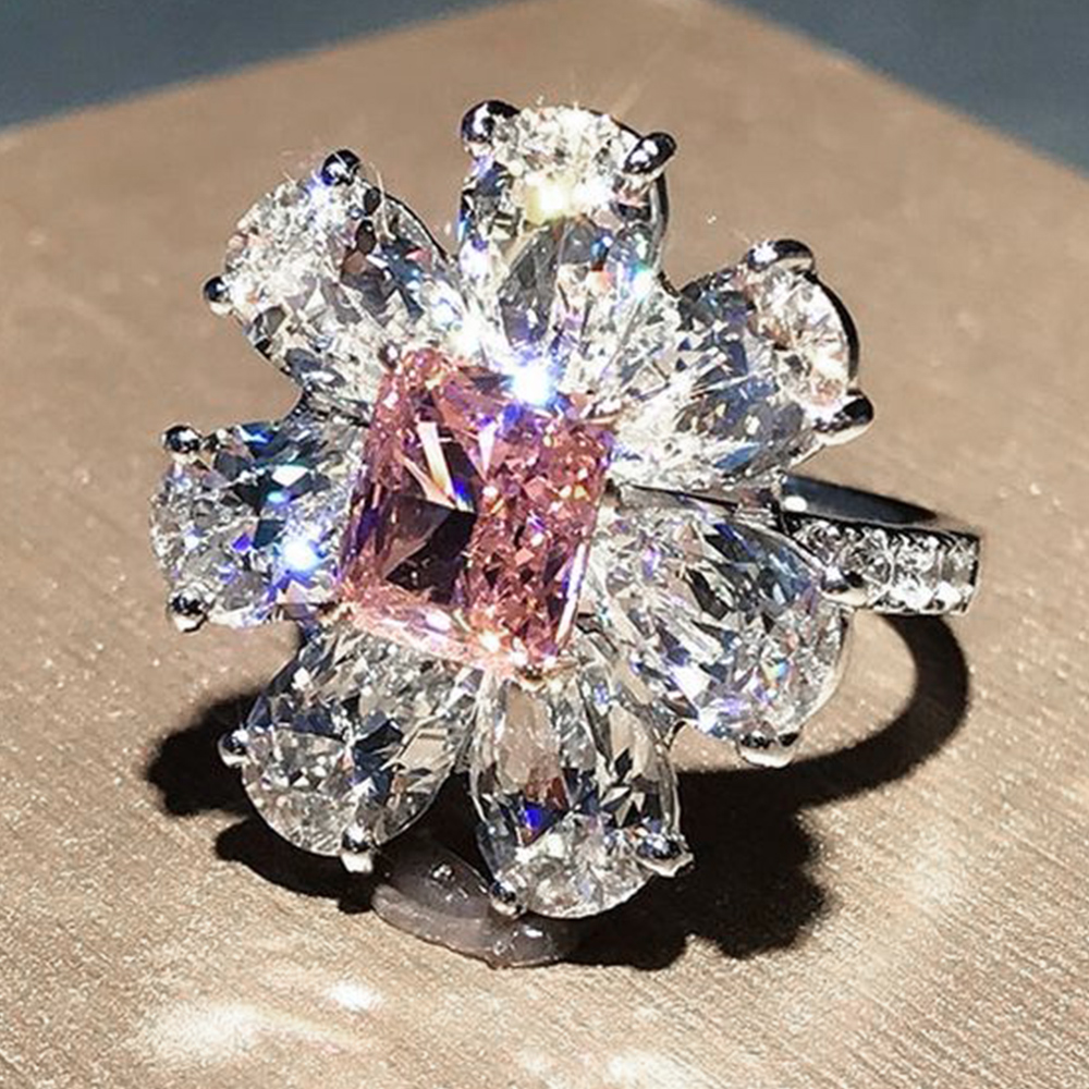 Huitan Romantic Pink Flower Design Women's Rings Luxury Cubic Zirconia Ring for Engagement Wedding Party New Statement Jewelry
