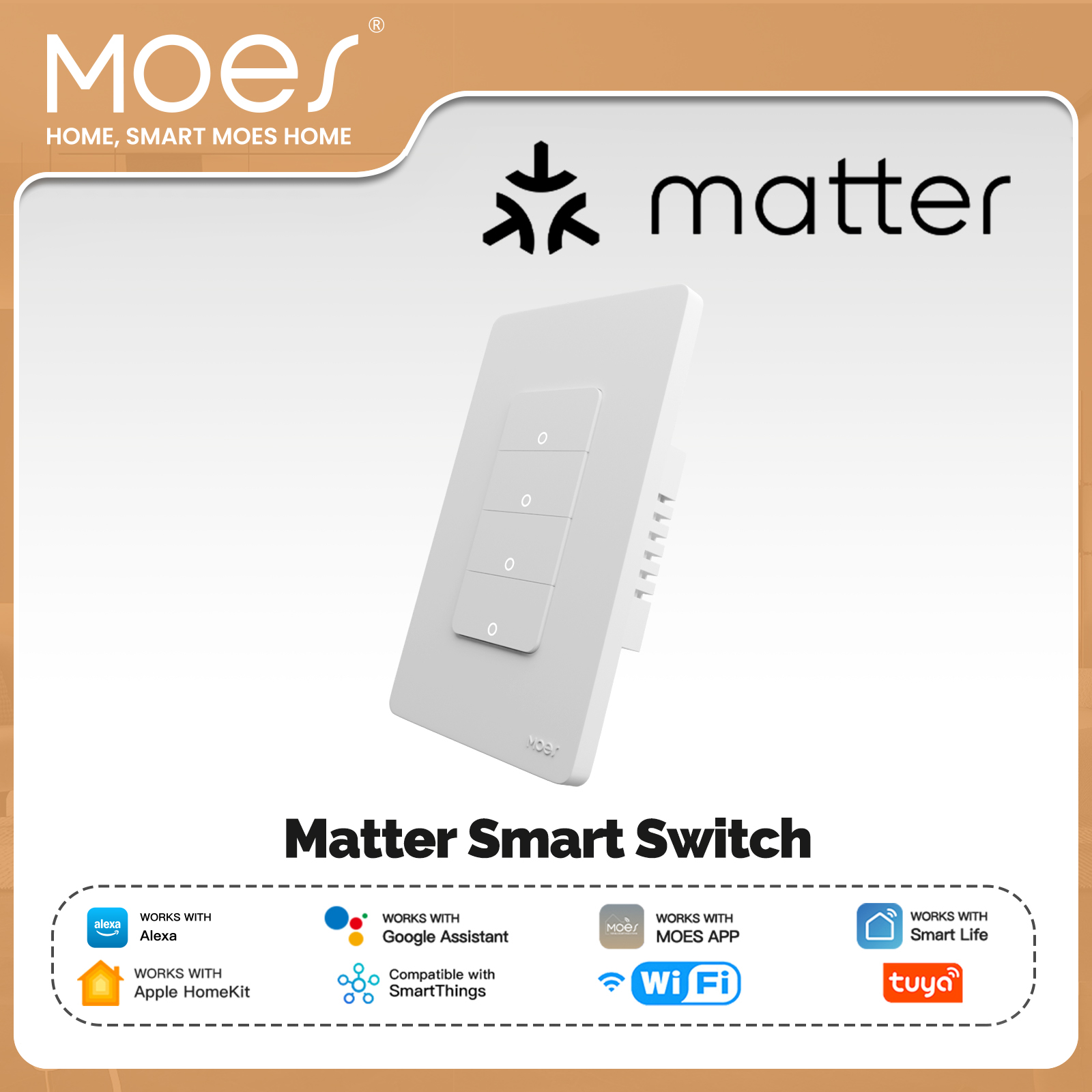 MOES Tuya WiFi Matter Smart Switch Light Button EU Verison Remote Control Homekit Smartthings Works With Alexa Home