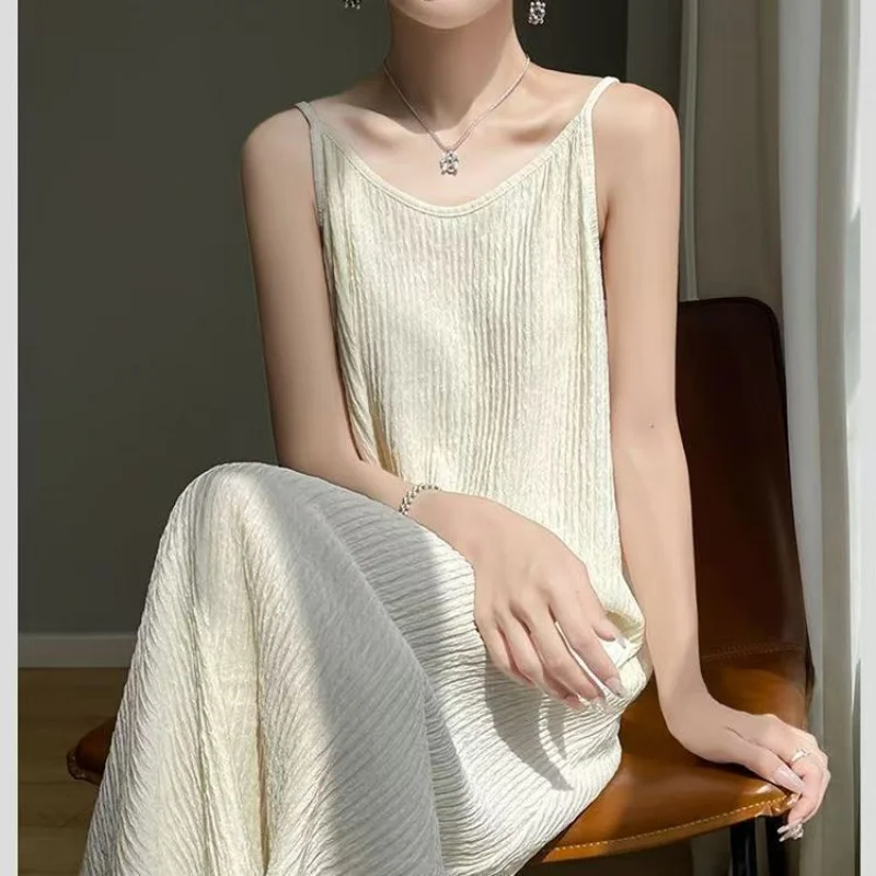 Original Chiba Black White Pleated Suspender Fashion Slimming Dress For Women Casual All Match Loose Dropping Elegant Wear