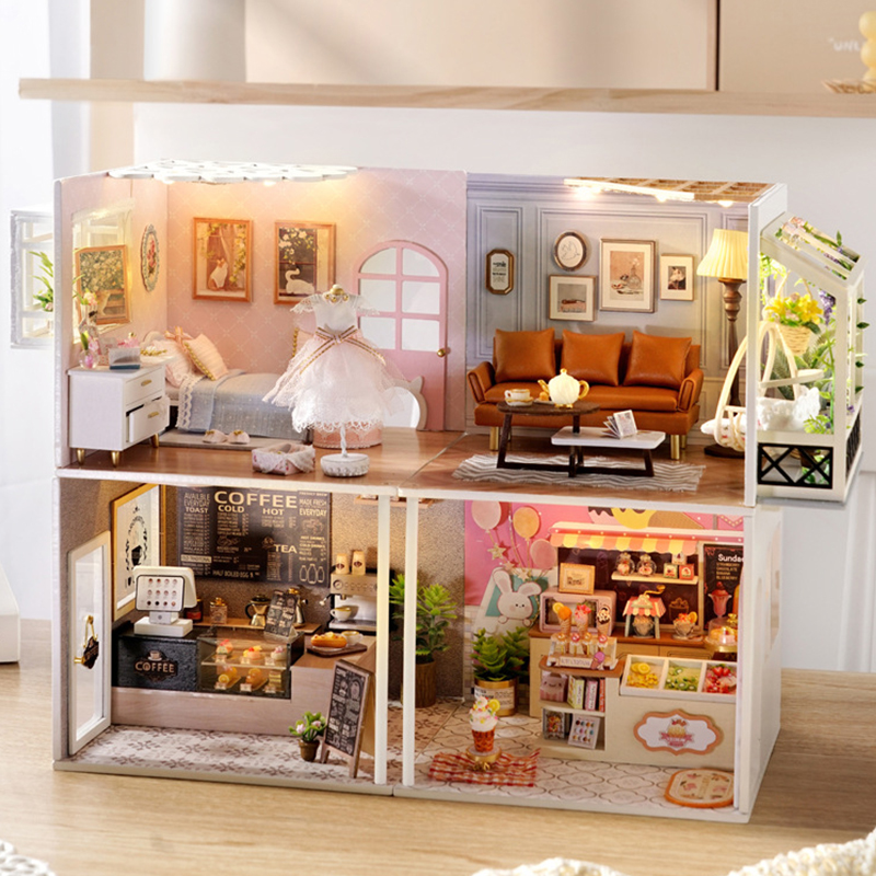 DIY Wooden Miniature DollHouse Leisurely Coffee Shop Dollhouses Scene Model Doll House Assembly Model Toys For Kids Gifts
