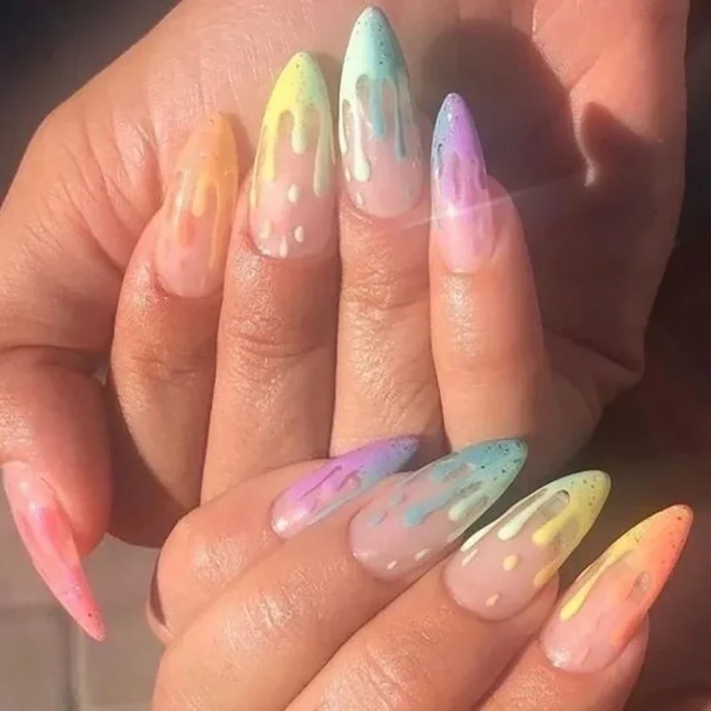24Pcs/Set Rainbow Gradient Long Pointed Wear False Nails Art Removable French Press on Nail Ins Full Coverage Acrylic Nails Fake