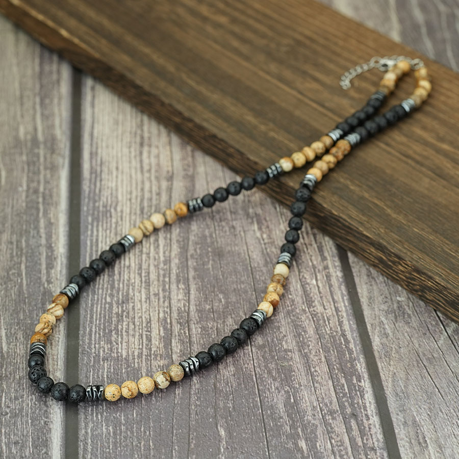 New Handmade Natural Tiger Eyes Lava Stone Beaded Necklace Men Adjustable Bohemian Retro Minimalist Jewelry Neck Accessories