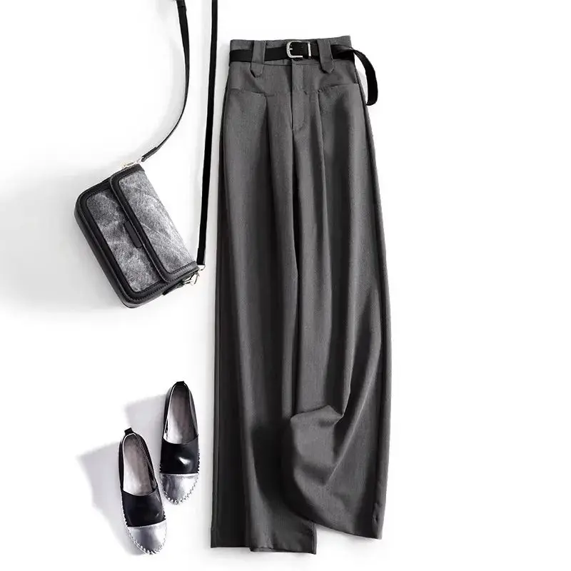 Gray Solid Office Lady High Waist Sashes Loose Straight Women's Pants Ankle-Length Trousers Suit Pants For Women Clothing 2025