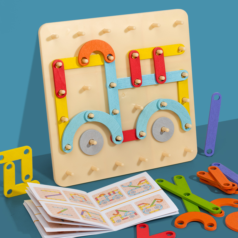 Children Wooden Toys Creative Board Nail Board Geometric Column Set Construction Puzzle Geometric Pegboard Montessori Sensory