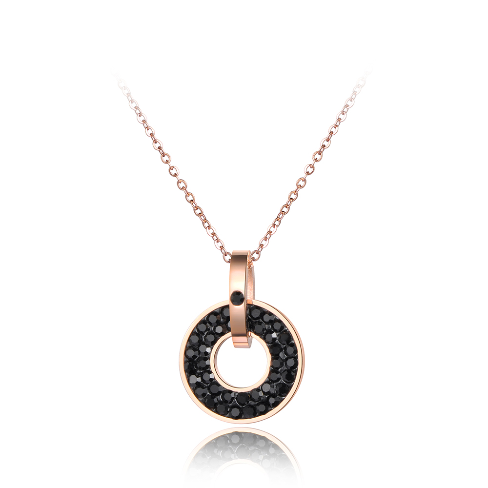 JeeMango Stainless Steel Jewelry Black & White CZ Crystal Pendant Round Shape Rose Gold Color Wedding Necklace For Women JN18072