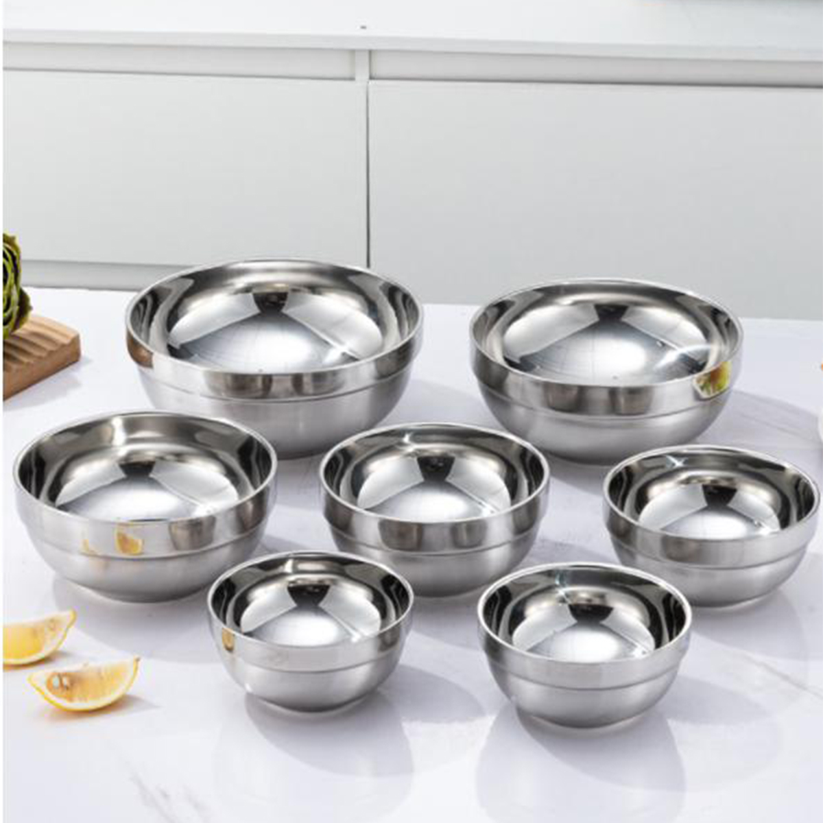 5pcs, Double layer stainless steel bowl, insulated and heat-resistant, durable metal bowl, mirror polished, sturdy and durable
