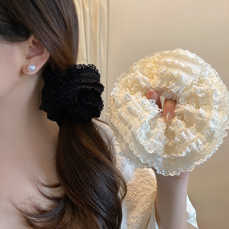 2 pcs, Black and White Two Elegant Lace Hollow Sausage Hair Bands, Multi-Functional All Matching Simulation Silk Hair Bands