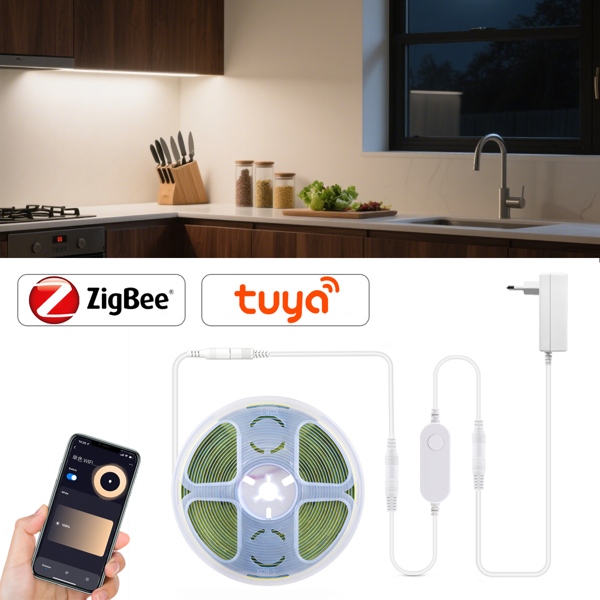 1m-5m Zigbee 3.0 COB LED Strip 12V Diode Tape 320LEDs/M Ra90 Smart Home Room Decor for Tuya APP Alexa Voice Control