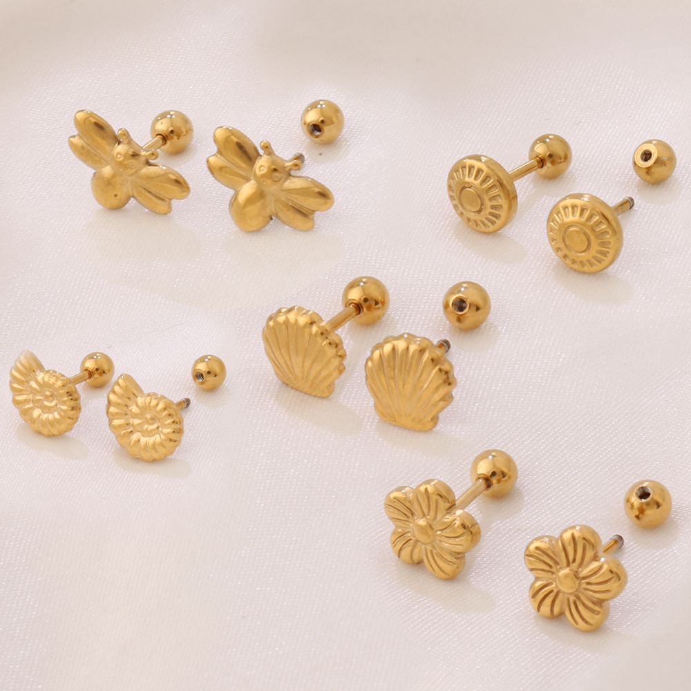 316L Stainless Steel Geometric Flower Starfish Shell Stud Earring For Women Simple Piercing Earrings Waterproof Jewelry
