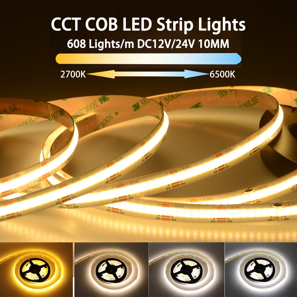 24V FCOB CCT LED Light Strip 608 LEDs 2700K-6500K Color-Changing LED Tape Linear Double Color RA90 Dimmable Ribbon Home Decor