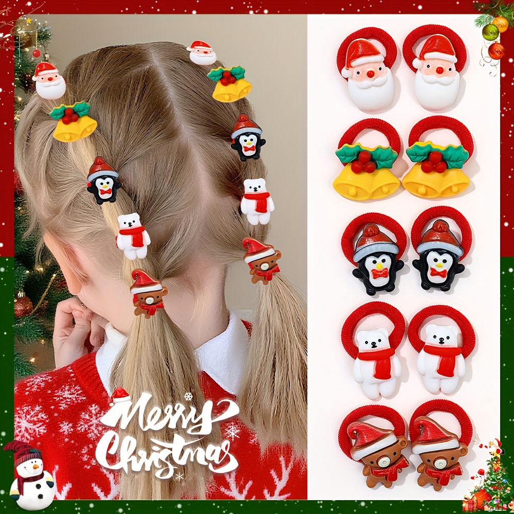 10pcs/Pack Girls Hair Ties Cute Christmas Design with Santa Reindeer Snowman Decor New Year Girls Hair Accessories Gift Set