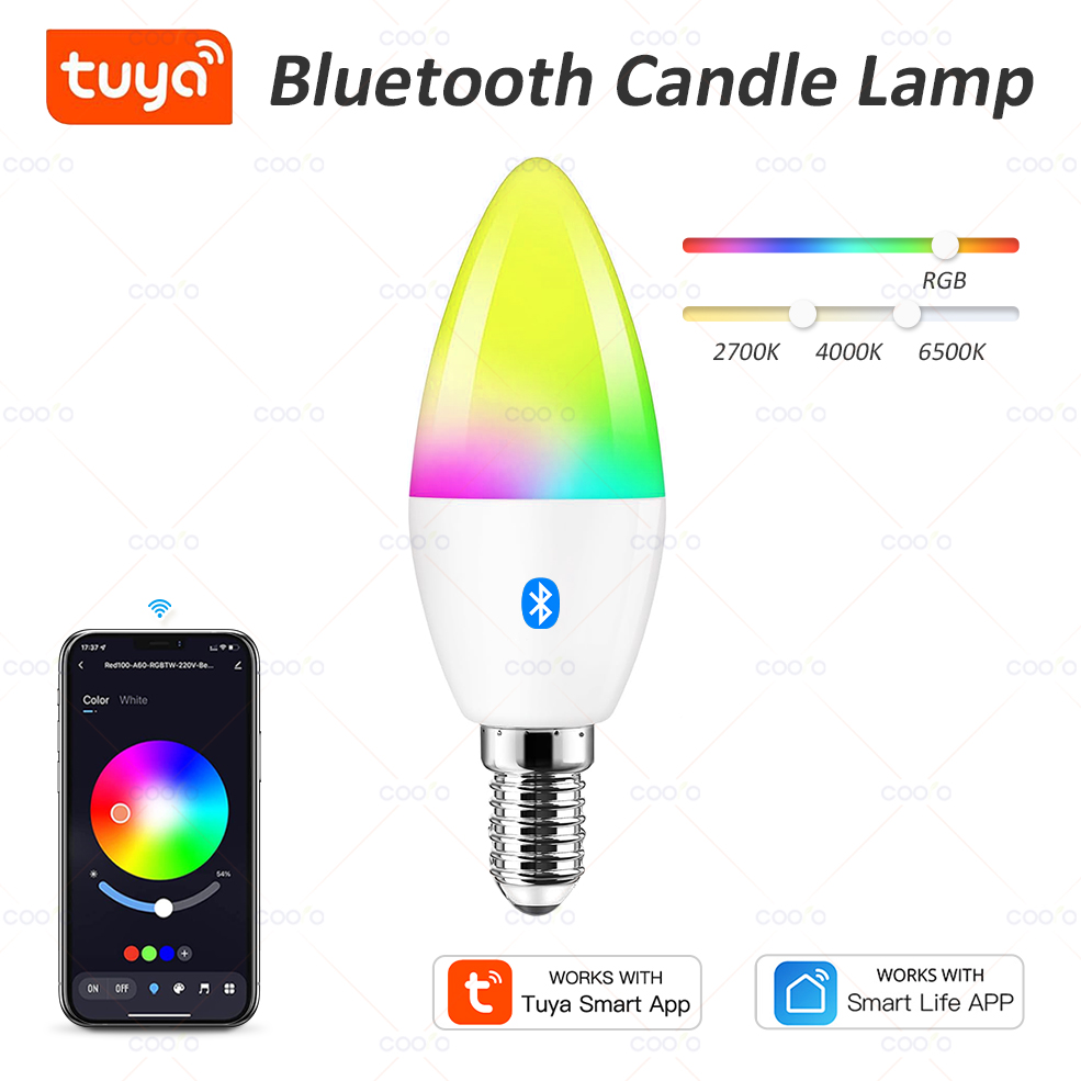 COOLO Tuya Smart Life E14 Bluetooth Smart Candelabra Light Bulbs 5W RGB+CW LED Lamp AC 220V-240V Dimmable Crystal Group Lamps