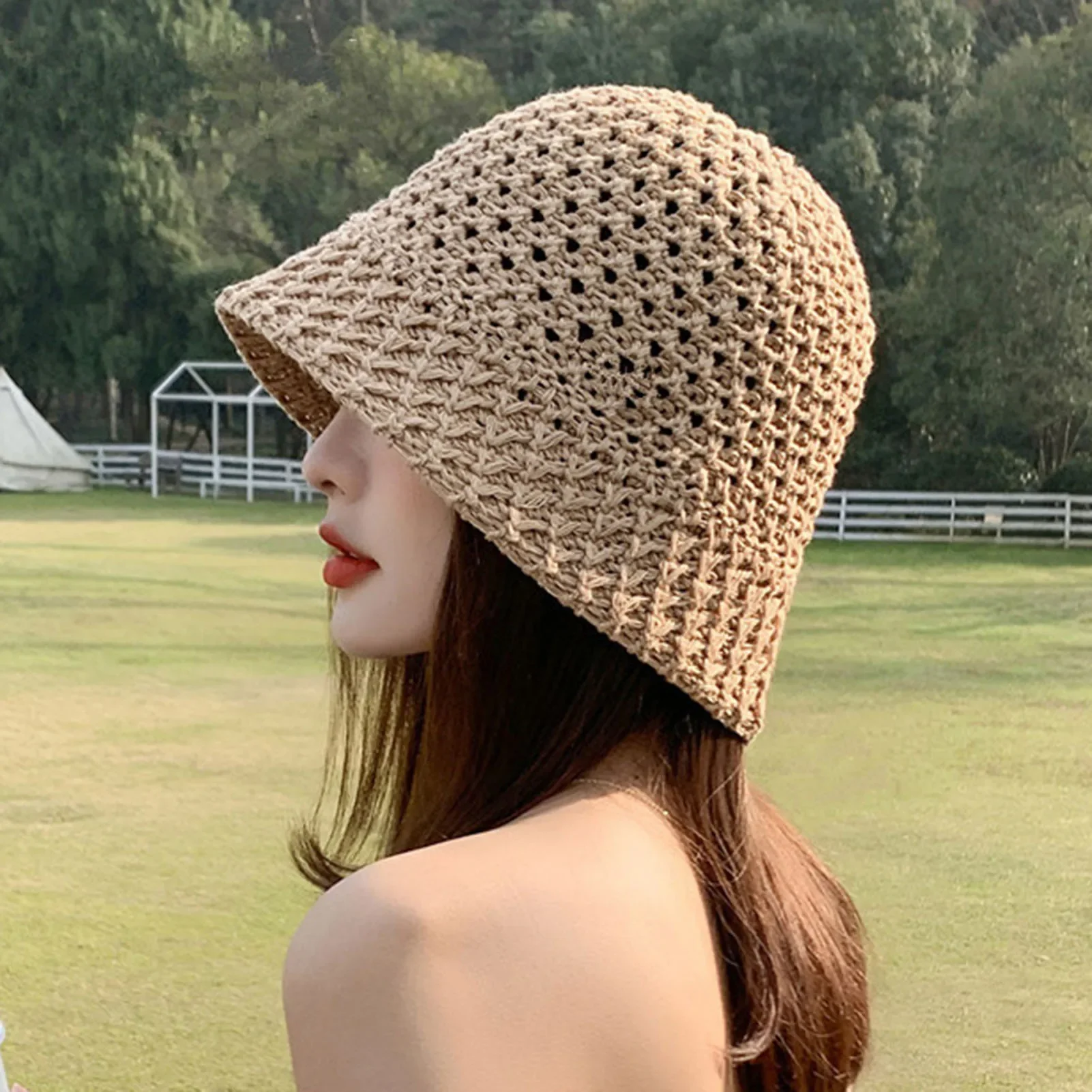 1PC Women's Fashion Bucket Hat Breathable Knitted Sunshade Fisherman Hat Hollow Out Cap for Travel Beach UV Protection