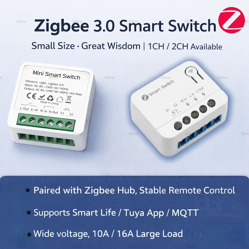 Zigbee Mini Switch Module 1CH/2CH Optional 10A/16A Smart Home Relay Automation Breaker For Tuya Smart Life Z2M Alexa Home