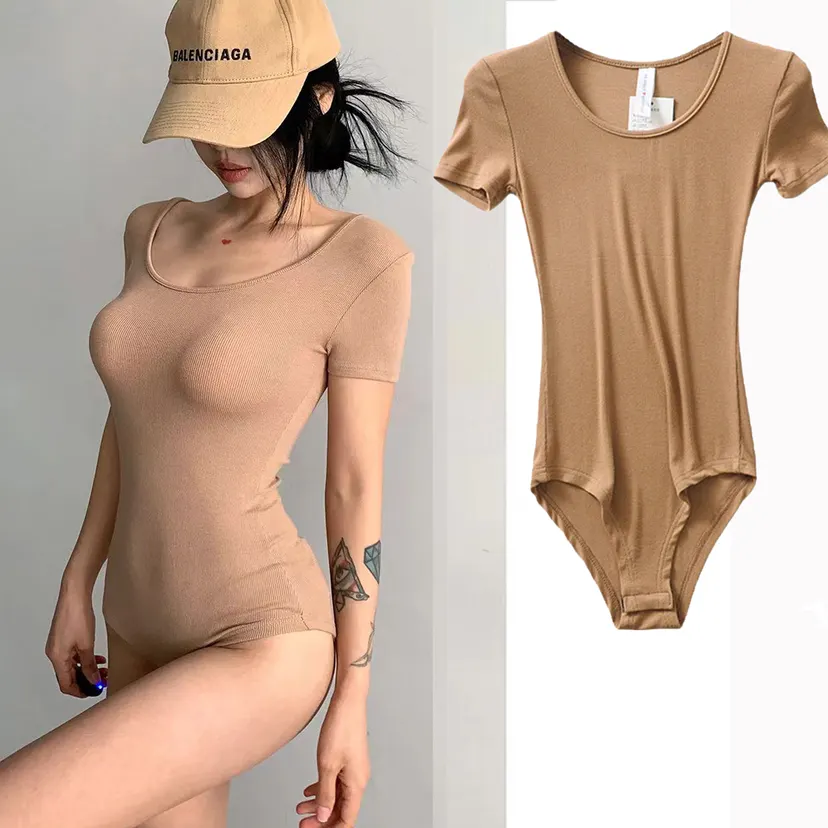 Shirts Blouses Short Sleeve Women Round Neck Bodysuit Seamless Basic Clubwear Slim Beach Casual Vacation Jumpsuit Bodycone
