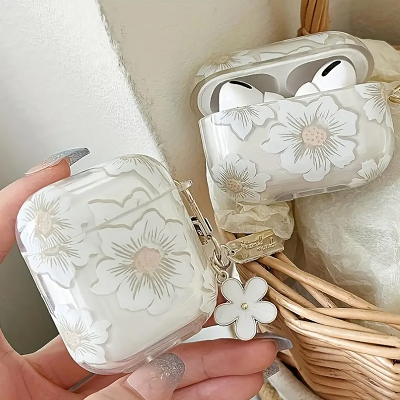 White Flowers Headset Case For AirPods 1/2 With Keychain For AirPods Pro3 4nd Charging Box Fundas For AirPods 3 Clear Shockproof