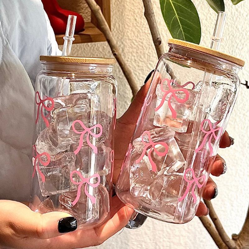 1pc 500ml Cute Pink Bow Glass Cup Drink Straw Girls Lovely Water Bottle With Bamboo Lid Iced Coffee Glasses Beverage Juice Cups