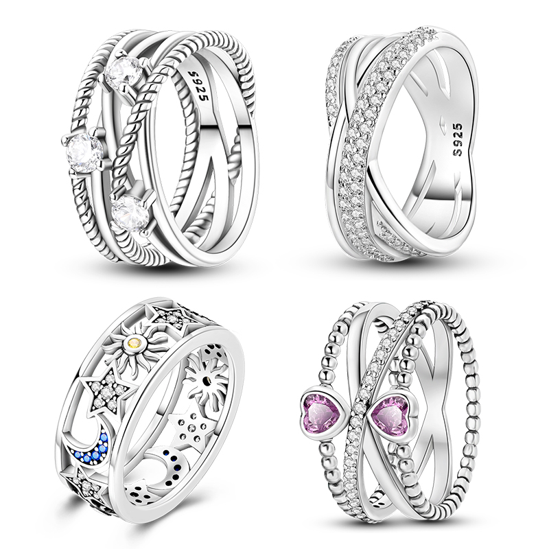 New 925 Sterling Silver Ring Pink Heart Blue Sun Star Moon Crossover Wide Rings For Women Party Birthday Jewelry Silver