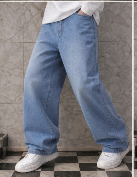 Men’s Baggy Denim Pant Light Blue Wide Leg Jeans Loose Fit Korean Style Casual