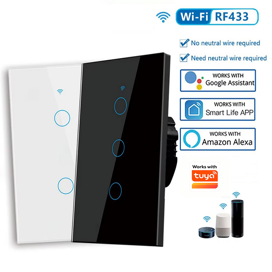 Tuya WiFi Smart Light Switch No Neutral Wire Required Wall Touch Switch 1/2/3 Gang Switch for Alexa Home