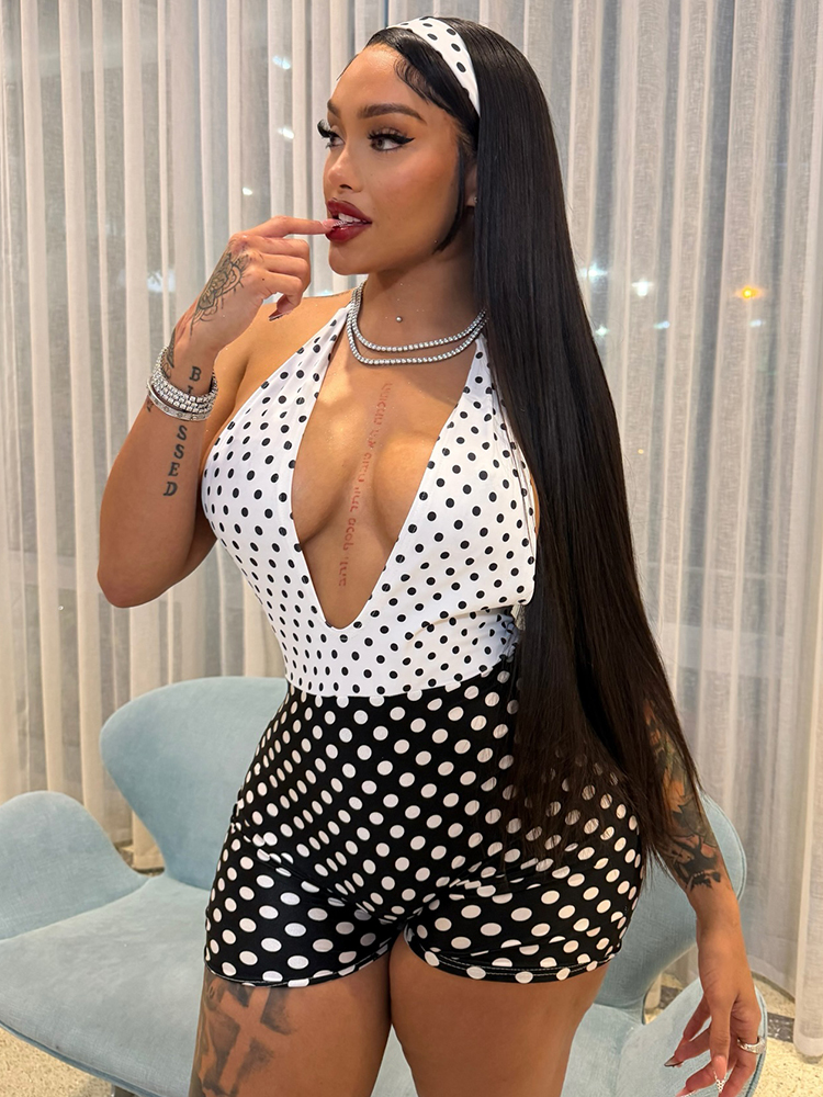 SiSterlinda Chic Backless Halter Playsuit Woman Polka Dots Print Patchwork Skinny 2026 Summer Street Skinny Stretch Rompers