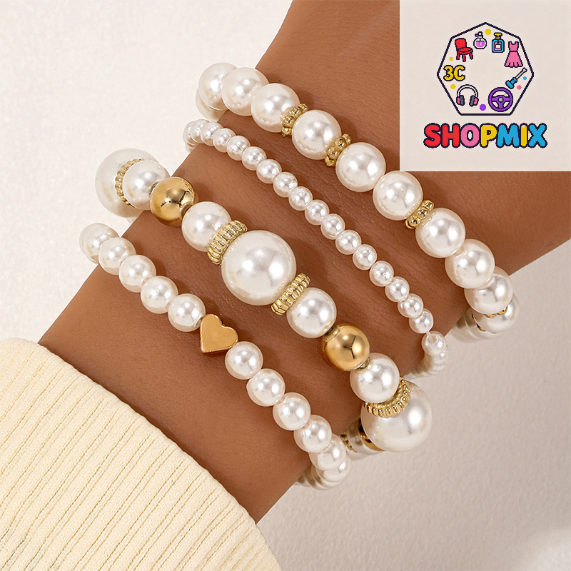 4Pcs Pearl Love Beaded Bracelet Set For Women Beads Adjustable Elastic Chain Bangle Female Luxury Party Jewelry Gift