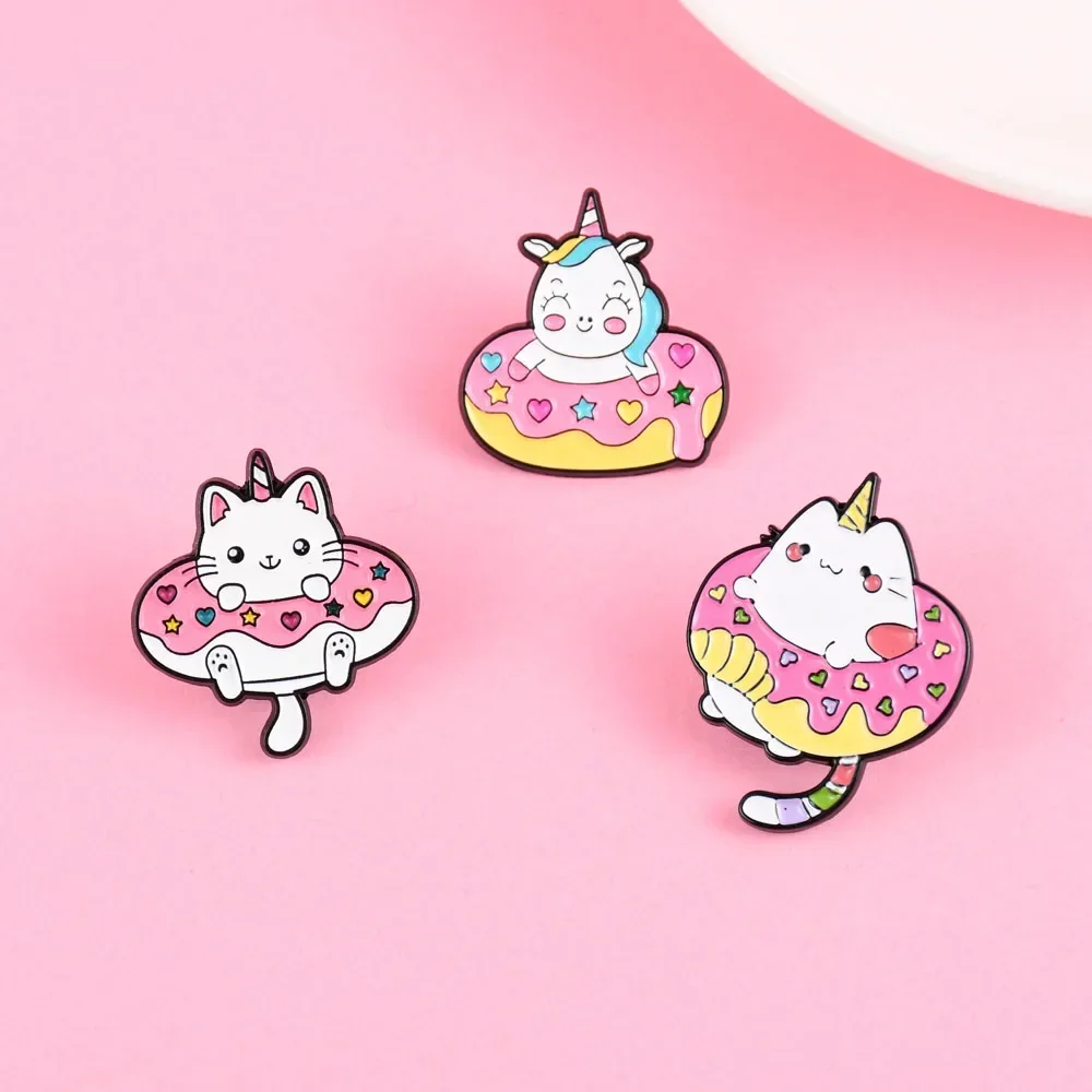 Elviragirl 1Pcs Cute Doughnut Cat Unicorn Pink Brooch for Girls Lovely Animal Party Casual Badge Pins Gifts