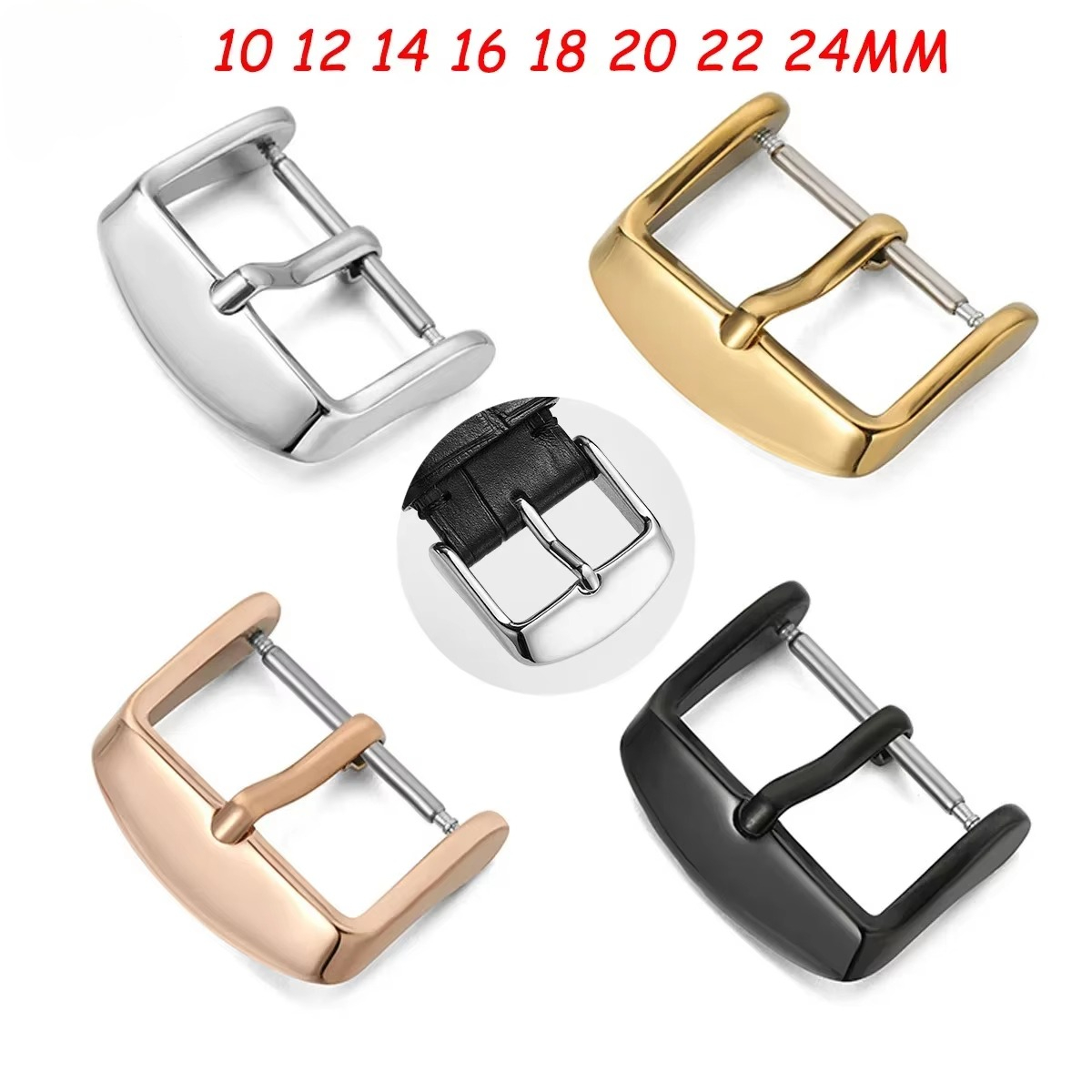 Middle Brushed Stainless Steel Watch Pin Buckle 16mm 18mm 20mm 22mm Silver Gold Black Leather Watch Band Strap Clasp Accessories