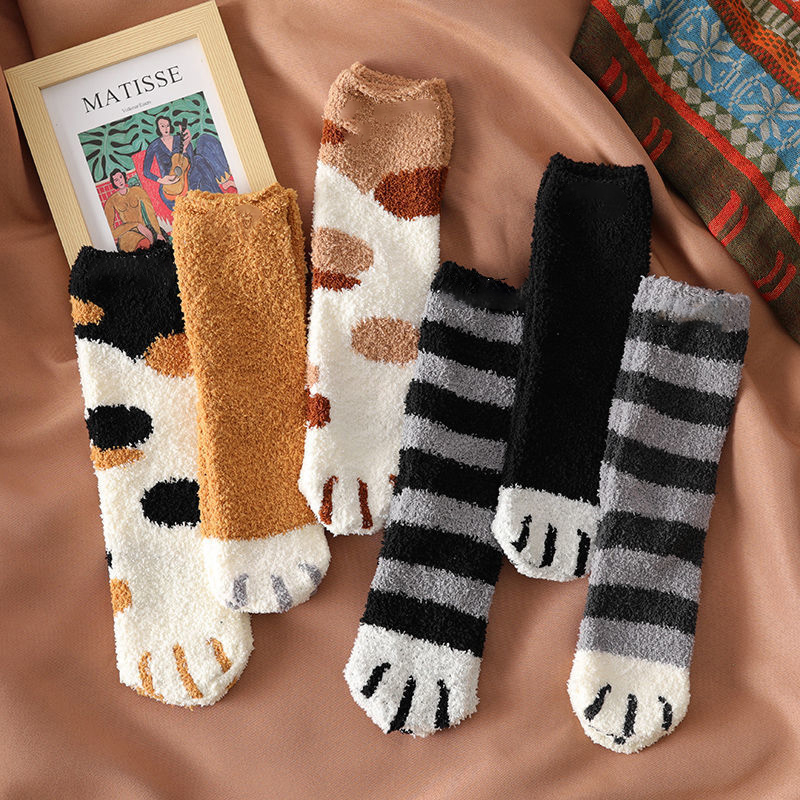 Kawaii Winter Plush Cartoon White Socks For Women Cute 3d Dog Cat Paw Pattern Female Fleece Warm Funny Socks Home Floor Sleeping