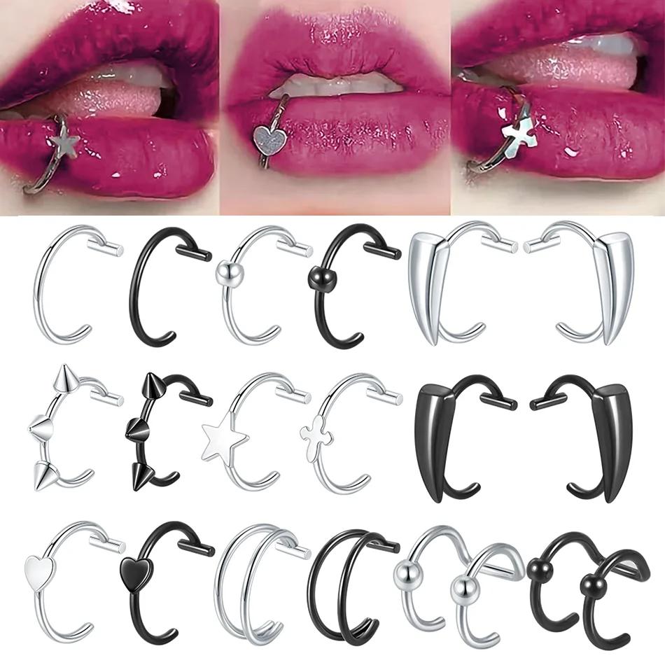 2/8/10pcs Stainless Steel C Shape Non-Pierced Lip Ring Cross Star Heart Ball Cone Fake Piercing Nose Ring Women Body Jewelry