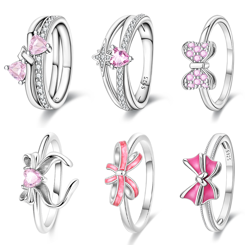 New Valentine's Day Rings Sweet Pink Zircon Princess Bows Size 7-9 For Women 925 Silver Ring Romantic Fine Jewelry Birthday Gift
