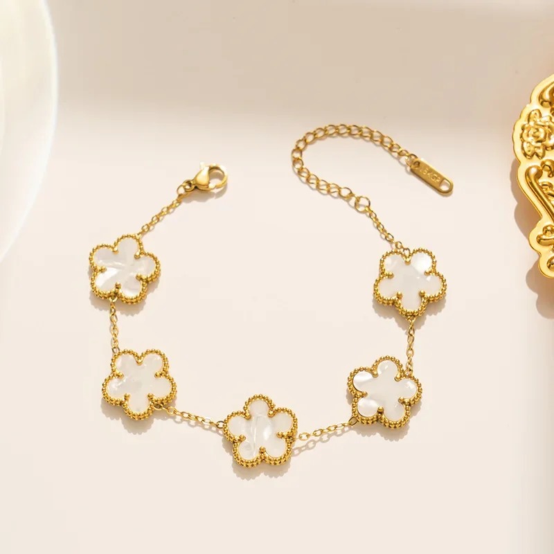 1pc Luxury Stainless Steel Bracelet for Women, Double-sided Five Leaf Flower Bracelet for Women Clover New Fashion Jewelry