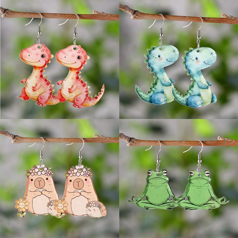 1pcs cute watercolor dinosaur flower Kapibala frog pendant earrings, creative acrylic 2D flat cartoon animal lady student earrin