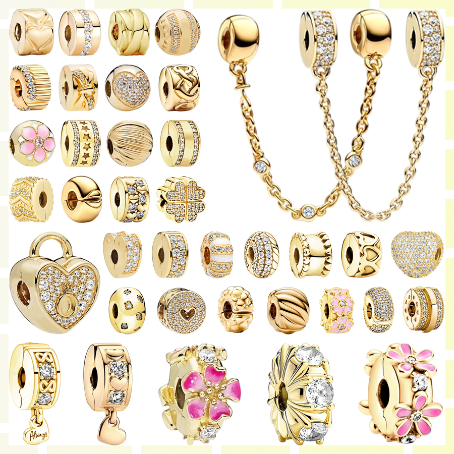 Sparkling Golden Clips Series Triple Clear Stone Safety Chain Daisy Flower Clip Charm Beads Fit Original Bracelets DIY Jewelry
